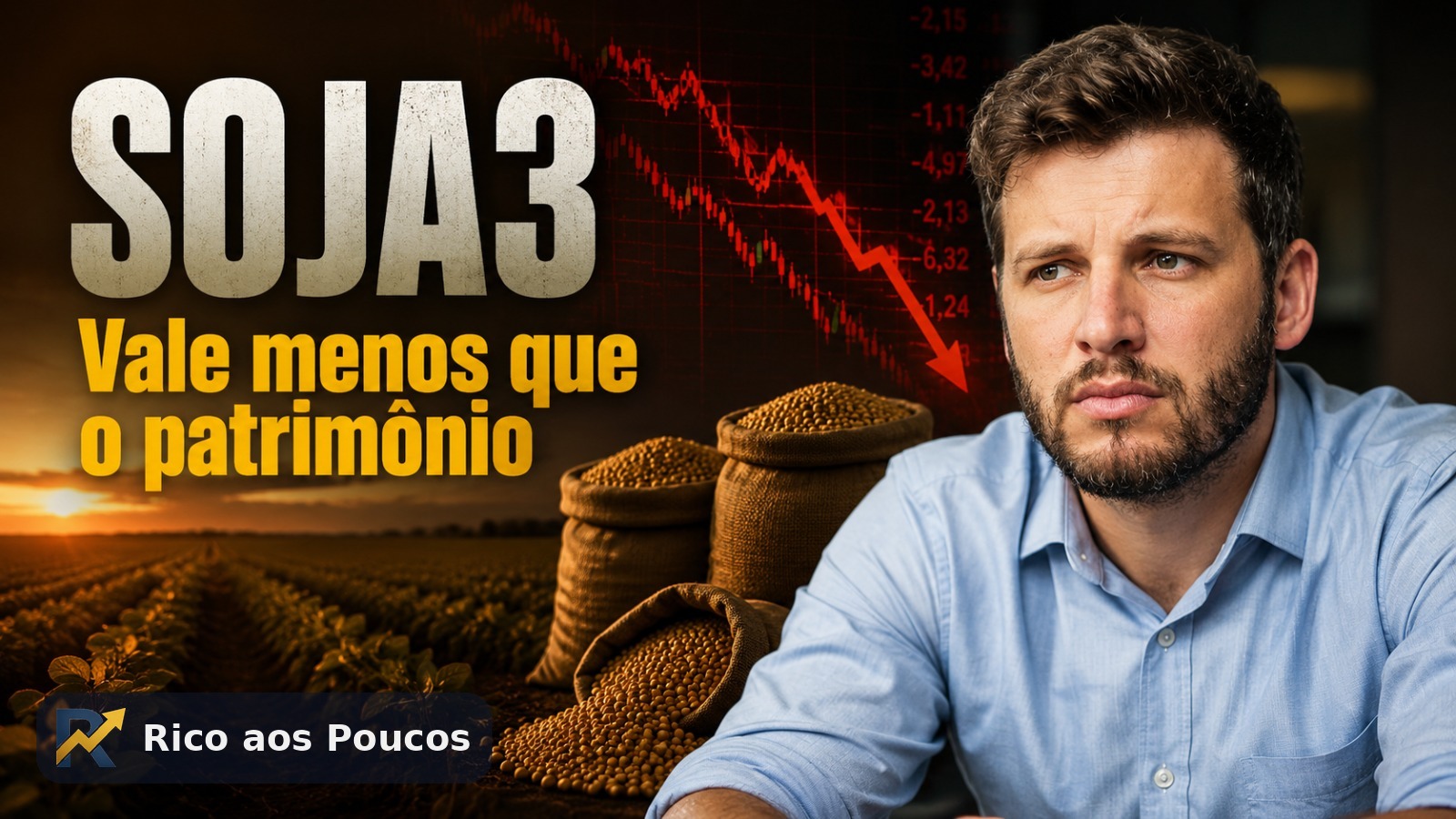 Sementes de soja e o gráfico de queda da ação SOJA3 da Boa Safra Sementes