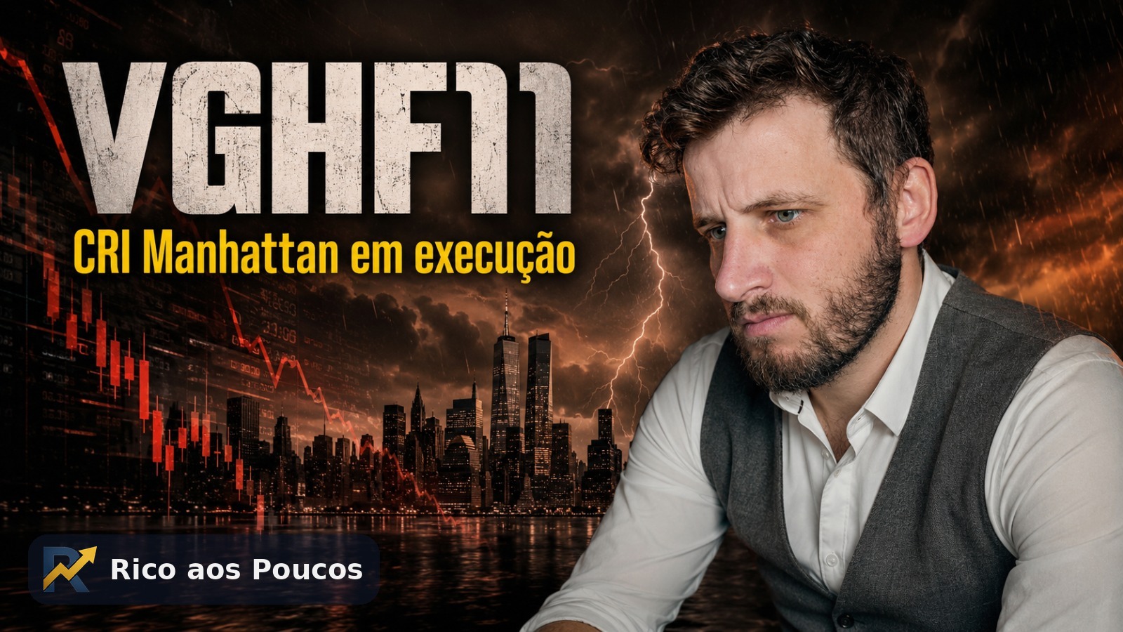 Gráfico de valor patrimonial do VGHF11 em queda com alerta sobre o CRI Manhattan em execução de garantias